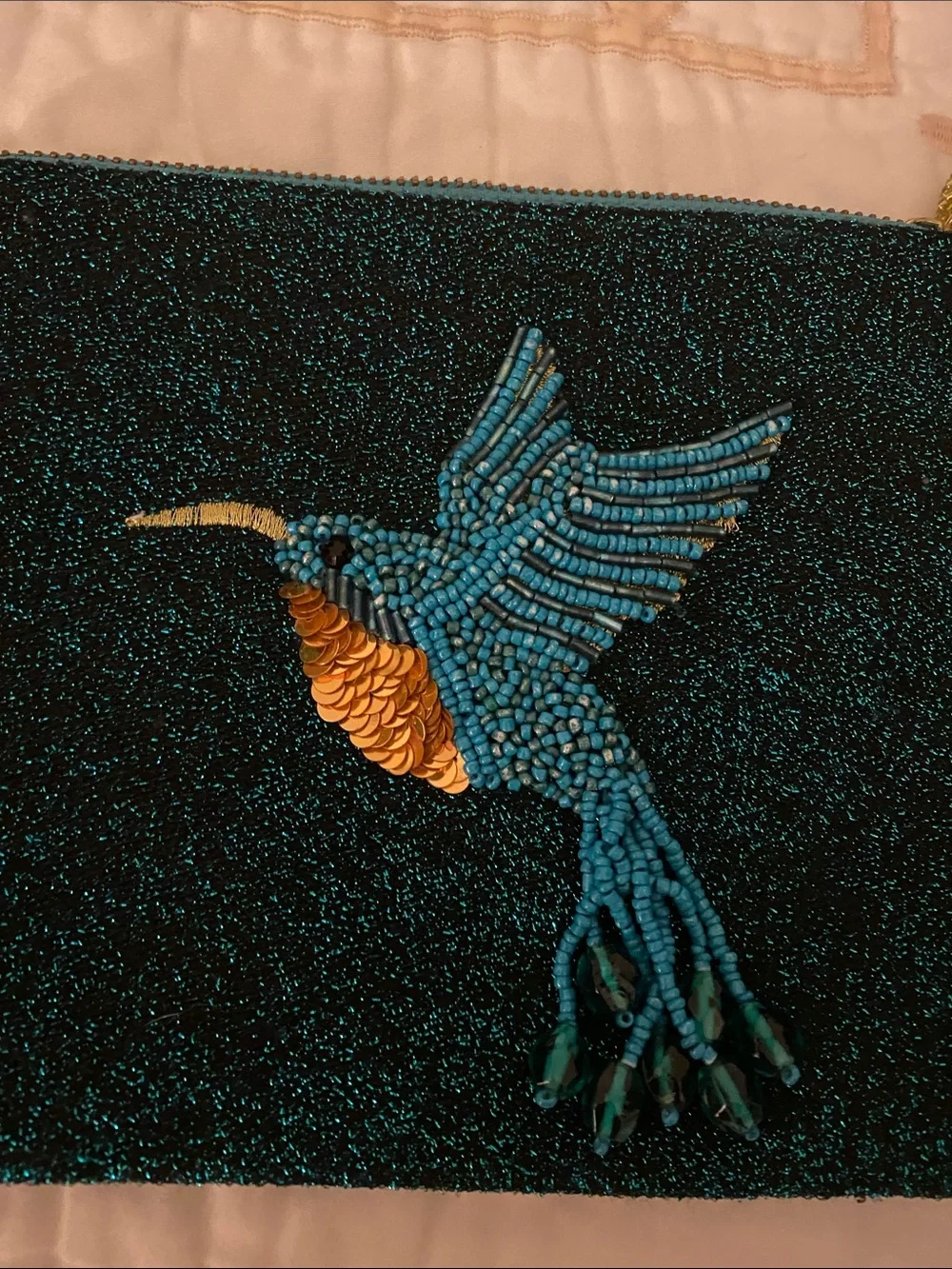 Vintage Teal Beaded Clutch with Embroidered Hummingbird